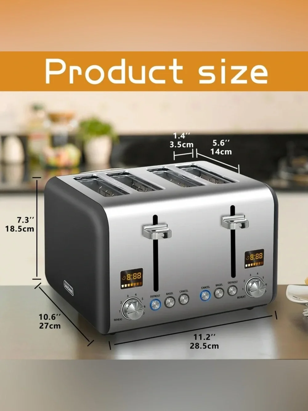 Seedeem Rapid 4-Slice Wide-Slot Bagel Toaster Stainless 1800W 120V LCD display